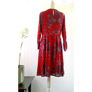 Lucky Brand Red Blue Floral A-Line Mini Long Sleeve Boho Dress Womens Medium